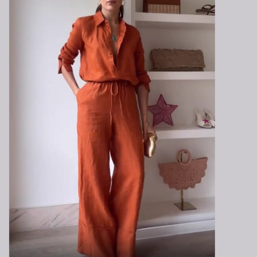 Solid Color Shirt Pocket Trousers Casual Lace up Two Piece Sets Women - ALZO