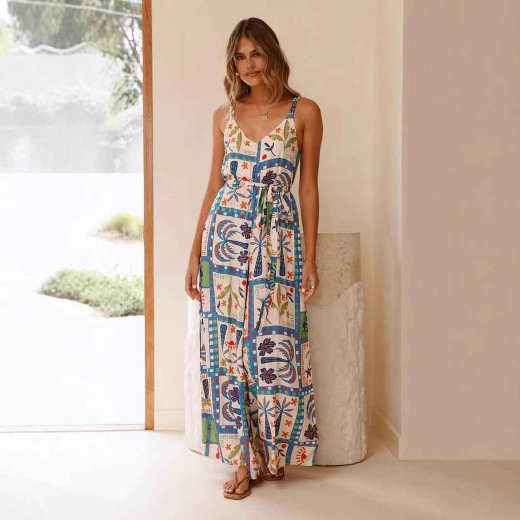 Summer Printed V neck Loose Waistband Waist Trimming Casual Sling Jumpsuit