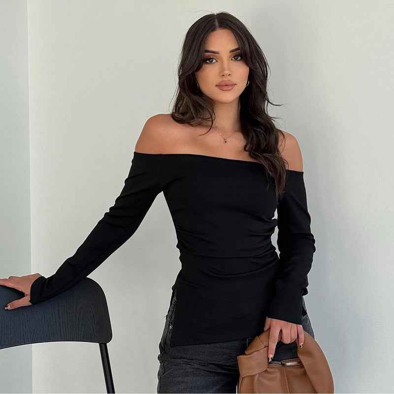 Autumn Casual Wild off Shoulder Double Fork Swing Long Sleeve Top