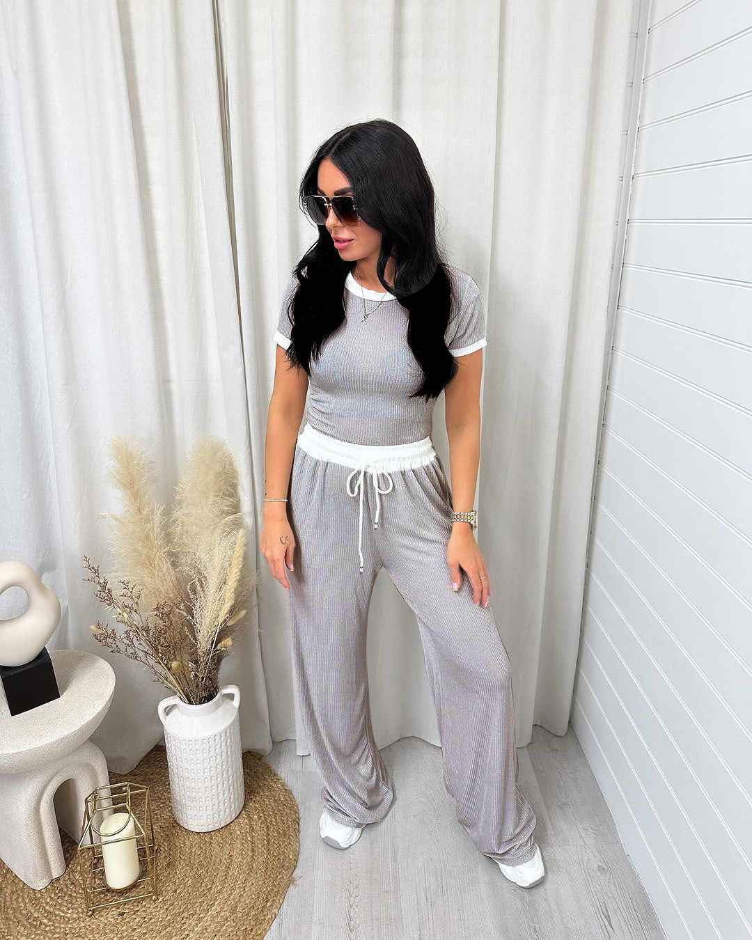 Spring Summer Round Neck Contrast Color Short-Sleeved Women Clothing Casual Wide Leg Pants Sports Suit
