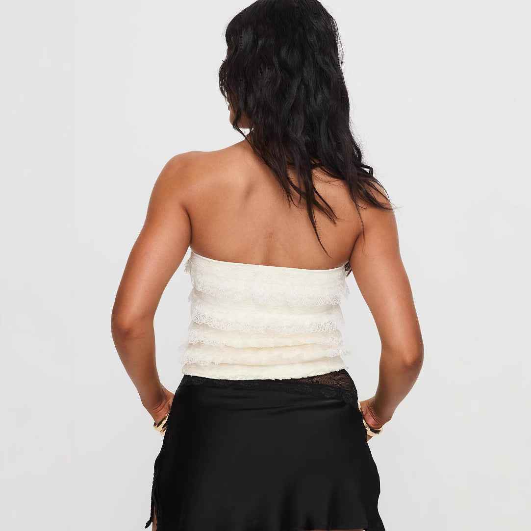 Sexy Lace Pleated Lace Solid Color All-Matching French Tube Top