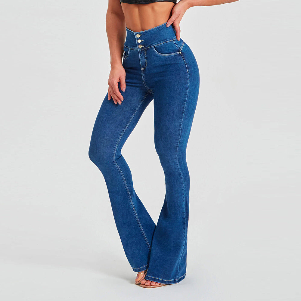 High Waist Slim Stretch Shaping Bell Bottom Pants Women Jeans - ALZO