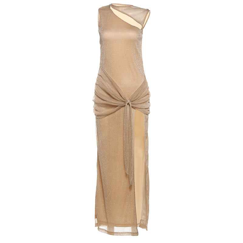 Spring Women Clothing Crew Neck Hollow Out Cutout Sexy High Slit Slim Fit Dress Women