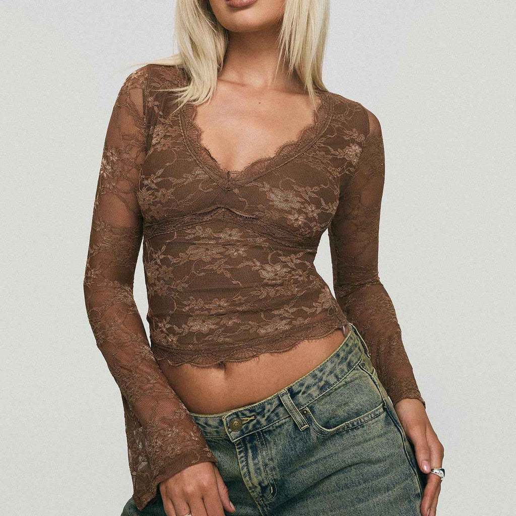 See through Bottoming Shirt Sexy Skinny Short Deep V Plunge Long Sleeve Lace Top