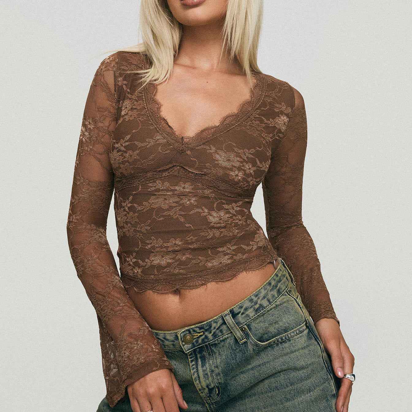 See through Bottoming Shirt Sexy Skinny Short Deep V Plunge Long Sleeve Lace Top