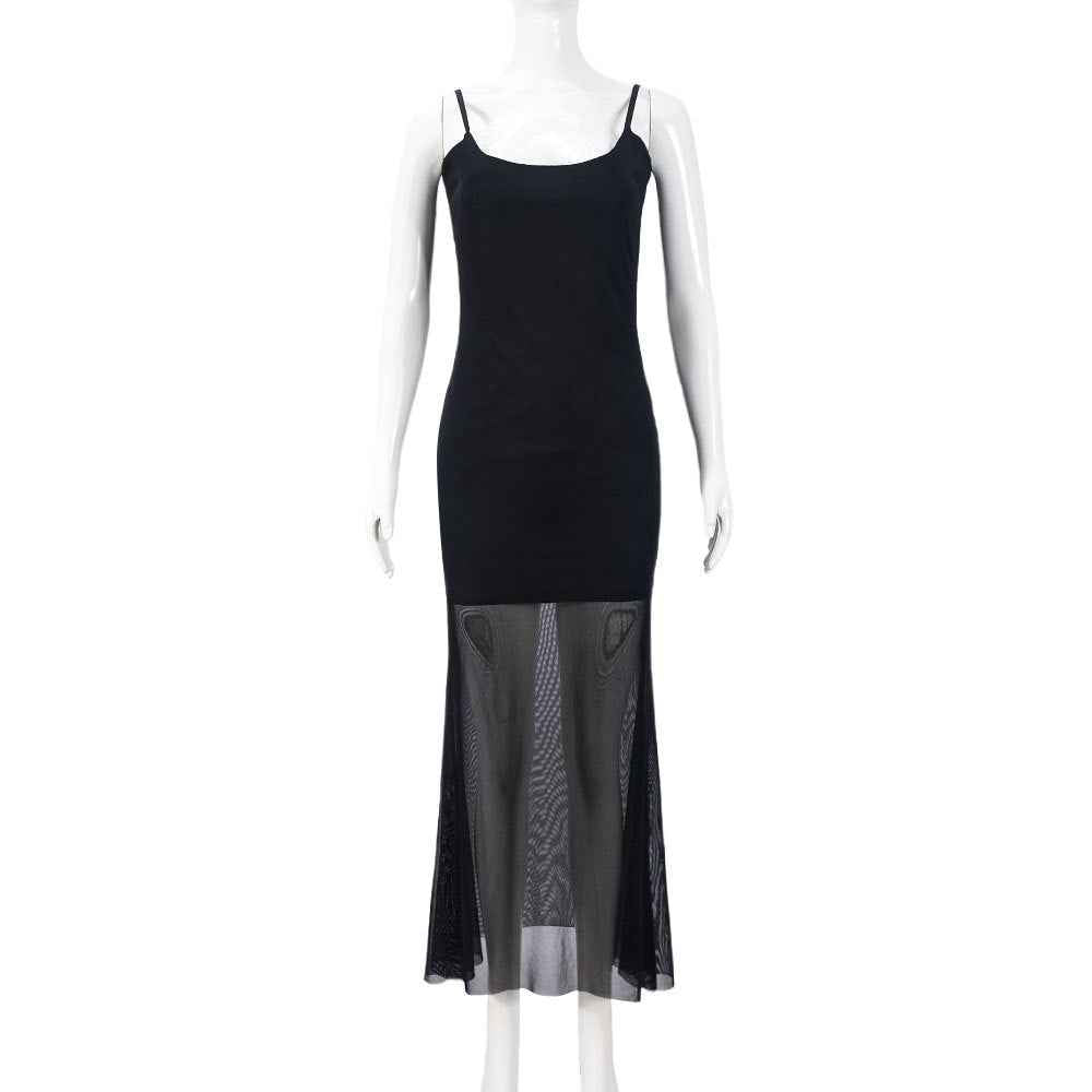 Women Clothing Autumn Cocktail Party Dinner High Mesh Double Layer U Collar Sexy Sling Slim Fit Dress