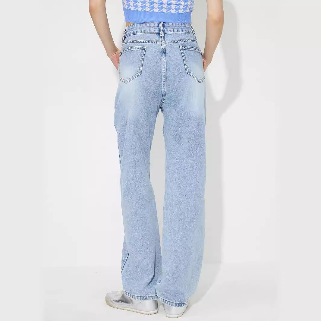 Women Clothing Straight Embroidered Loose High Waist Denim Trousers - ALZO