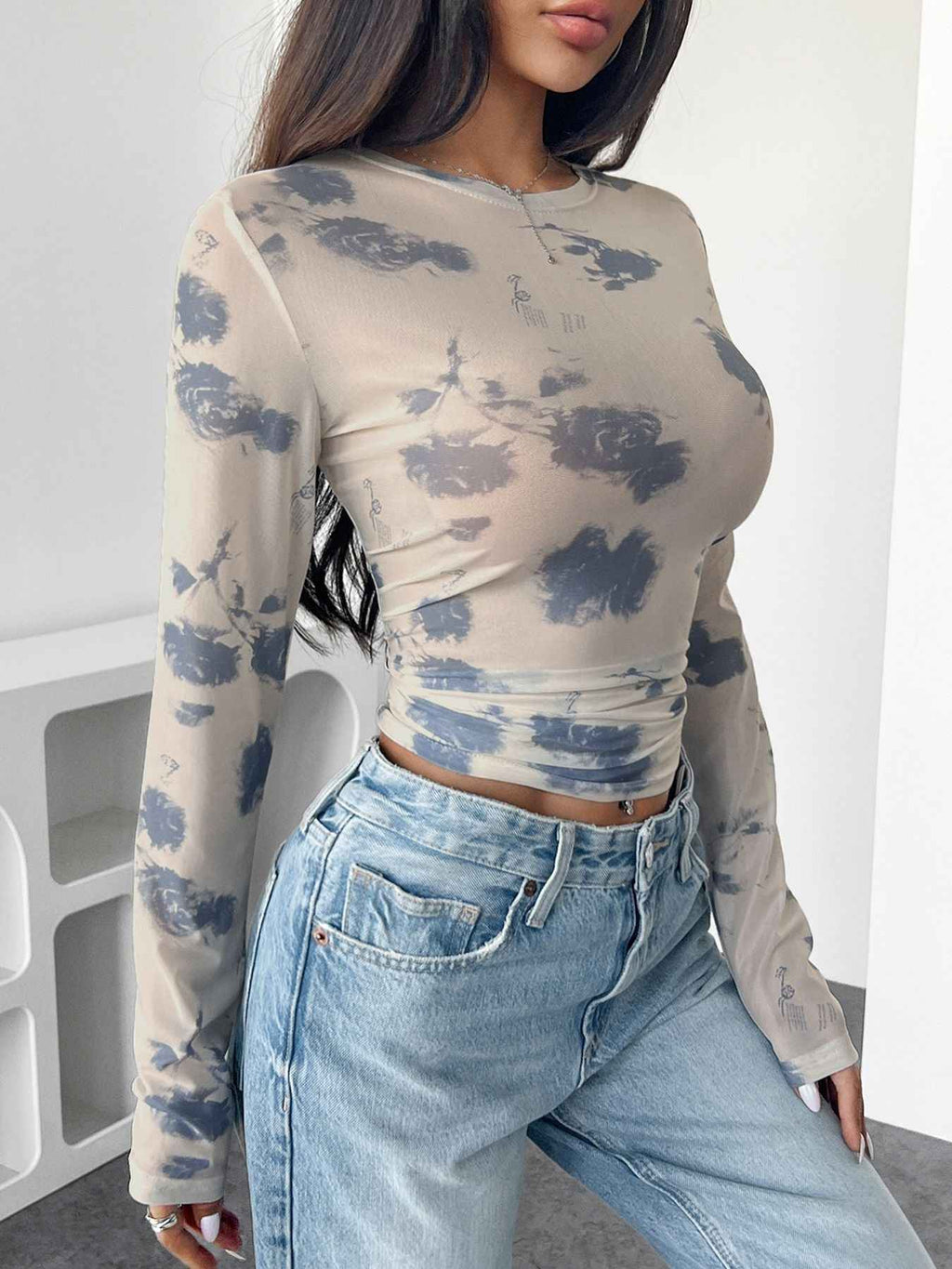Autumn Winter Elegant Women loral Mesh Floral Print Pleated Side Short Top for Women