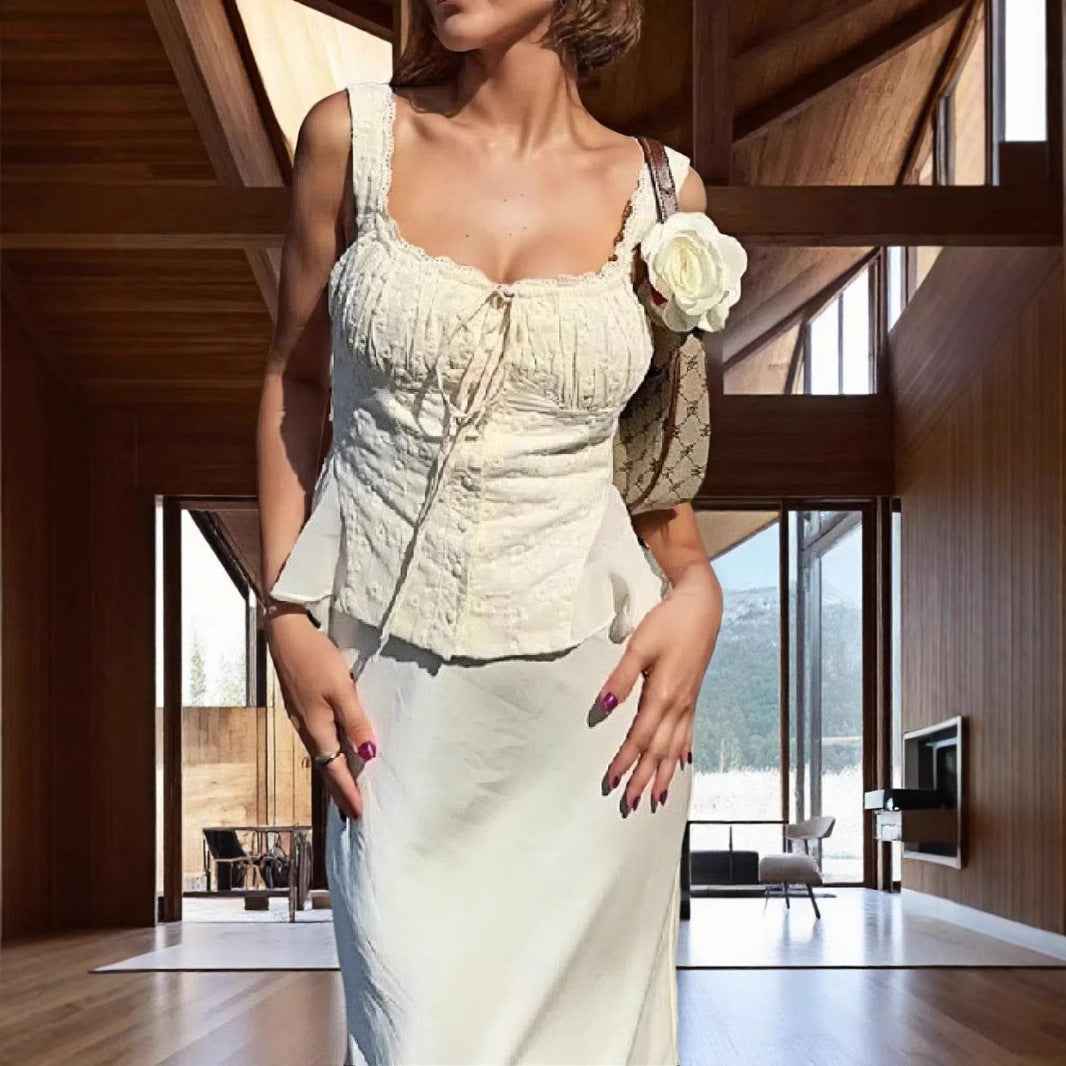 French Pure Sexy Sexy Lace up Lace Stitching Embroidered Vest High Waist Slim Fit Fishtail Skirt Set Women