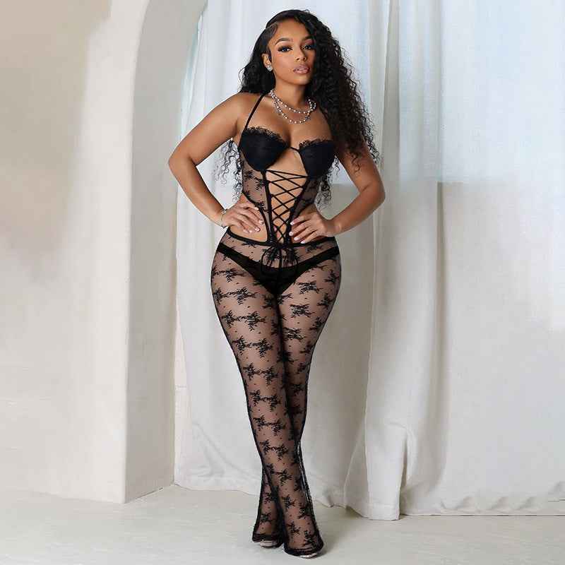 Women Spring Summer Lace Ribbon Padded Halter Lace up Tube Top Hollow Out Cutout-out Cropped Jumpsuit