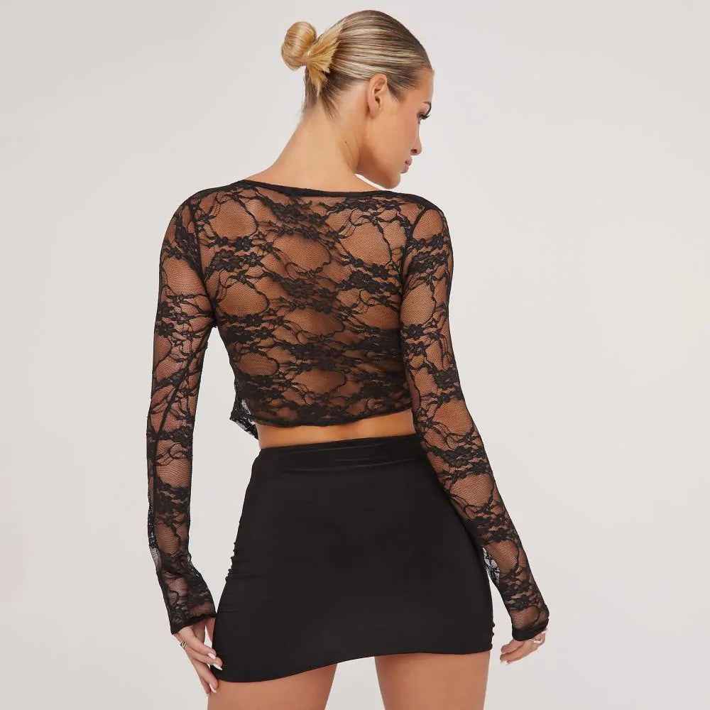 Spring Women Wear Top Lace V neck Tied Lotus Leaf Sexy Lace Shirt