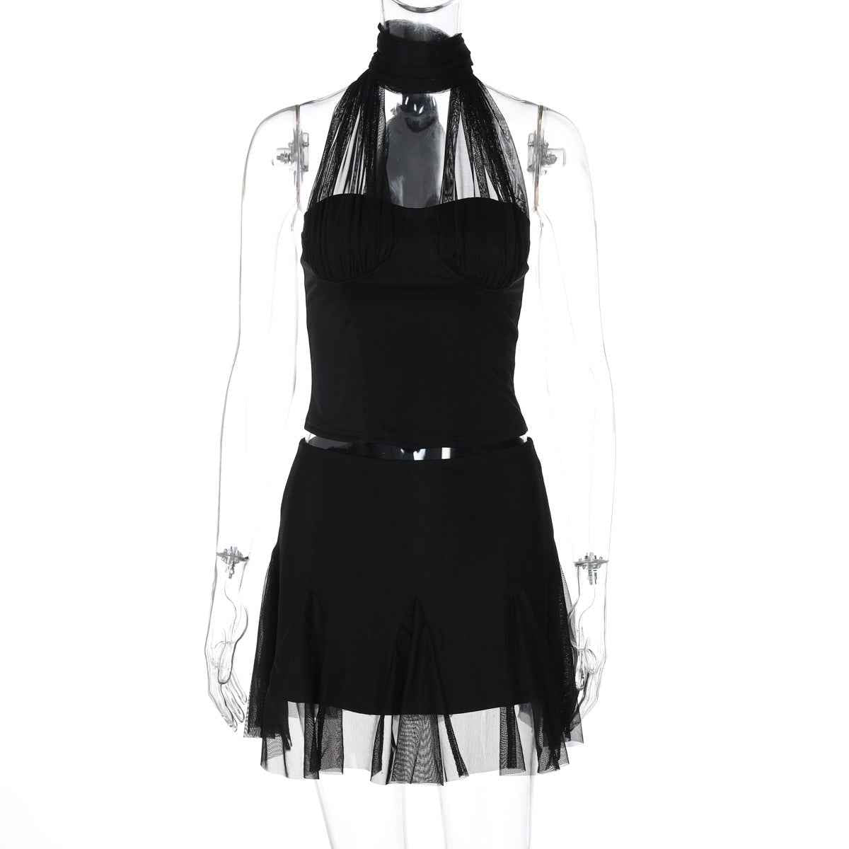 Women Clothing Summer Halter Lace up Small Tank Top Top Ultra Short Skirt Two Piece Sets
