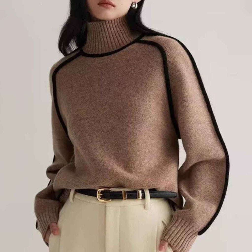 Women Sweater Half Turtleneck with Shoulder Sleeve Top Elegant Line Thread Bottoming Sweater for Women