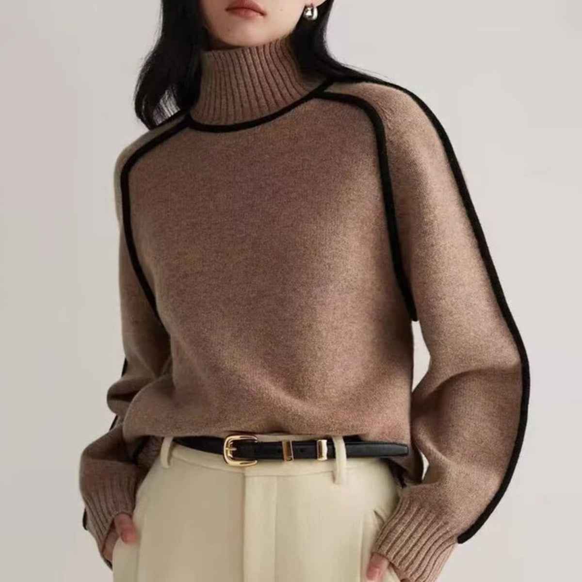 Women Sweater Half Turtleneck with Shoulder Sleeve Top Elegant Line Thread Bottoming Sweater for Women