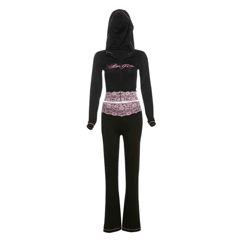 Fall Women Clothing Street Cool Contrast Color Lace Stitching Hooded T Shirt Casual Sports Trousers Suit