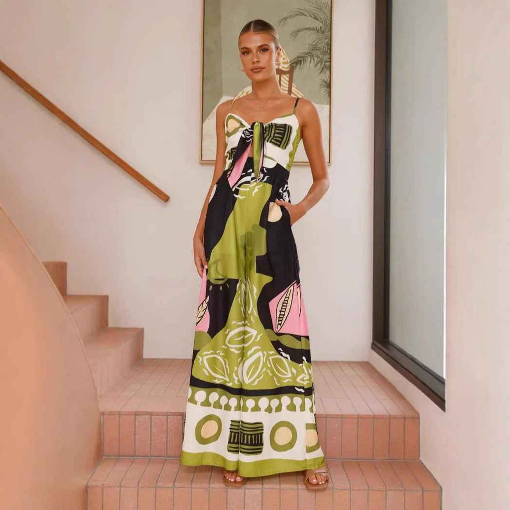 Spring Summer Jumpsuit Sexy Cropped Print Sling Wide Leg Jumpsuit Women