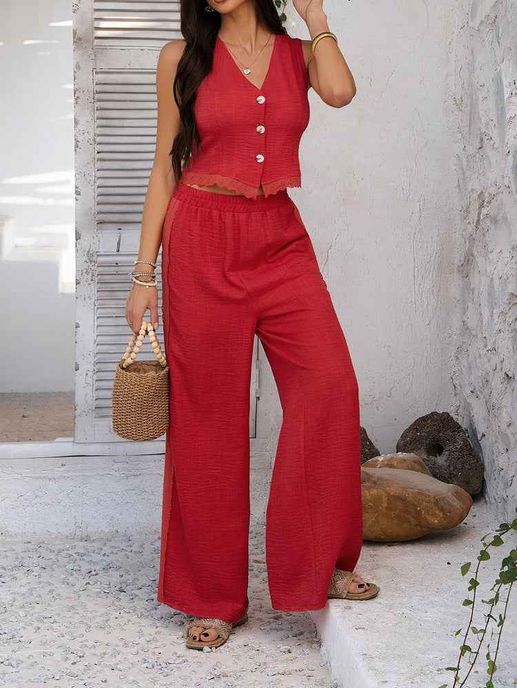 Spring Summer Casual Vacation Office Solid Color Cardigan BM Vest Wide Leg Trousers Set