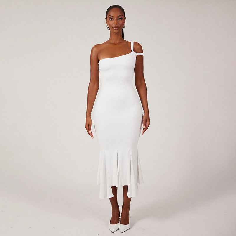 Women Sexy Ladies Dress Solid Color Basic One Shoulder Cut out Ruffled Irregular Asymmetric Tube Top Dress