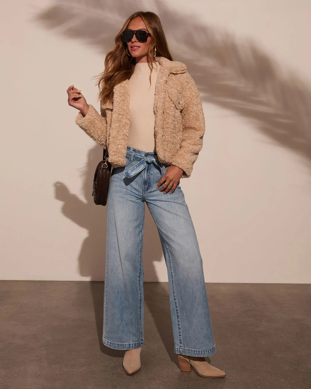 Women High Waist Lace up Washed Straight Wide Leg Jeans - ALZO