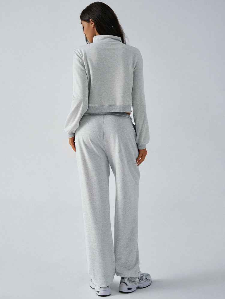 Autumn Winter Casual Sports Solid Color Half Zipper BM Long Sleeve Sweater Straigh Leg Pants Sets