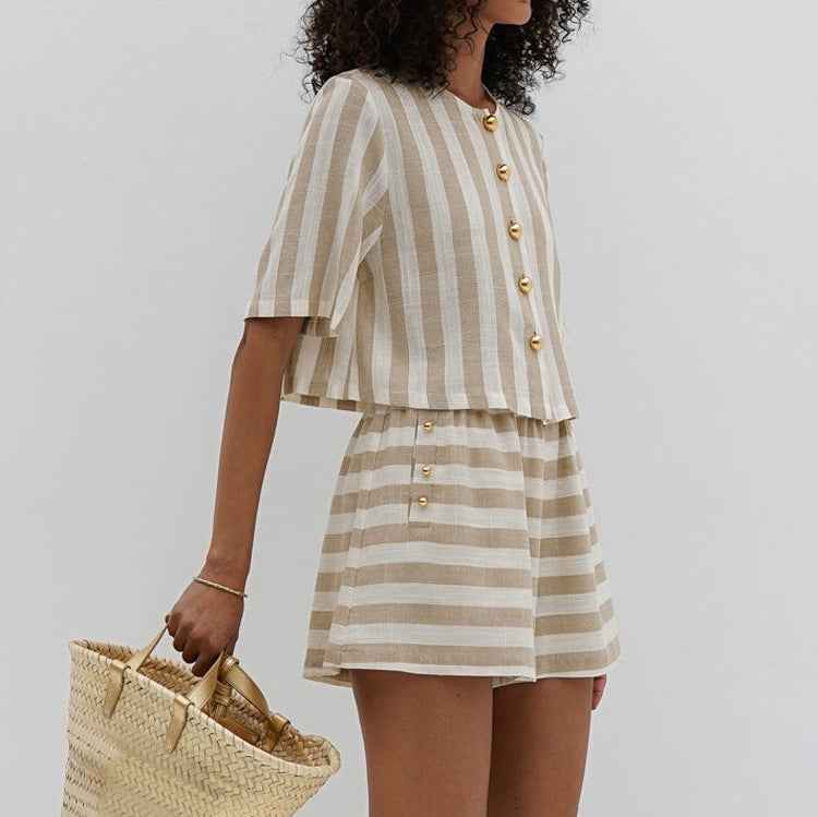 Women Clothing Short Sleeve Striped Shirt Shorts Suit Loose Breathable Two Piece Set