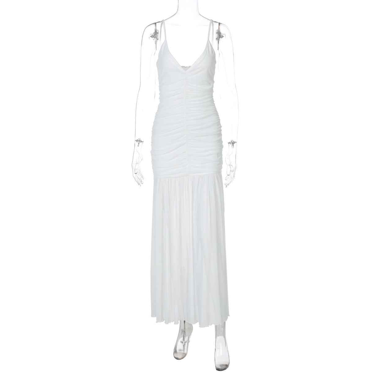 Summer Women Clothing V neck Brace Sexy Mesh Stitching Pleated Slim Fit Dress