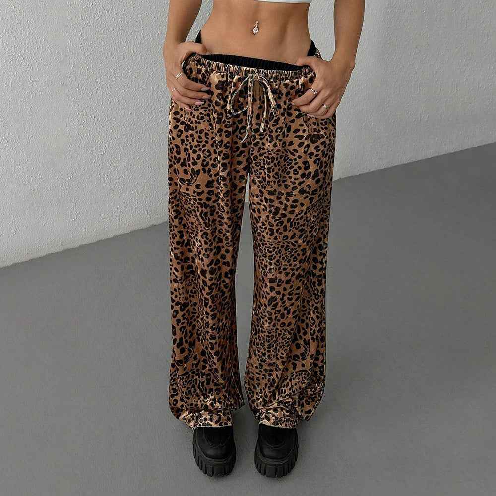 Women Clothing Unique Design Casual Pants Autumn Winter Loose Drape Leopard Print Trendy Trousers