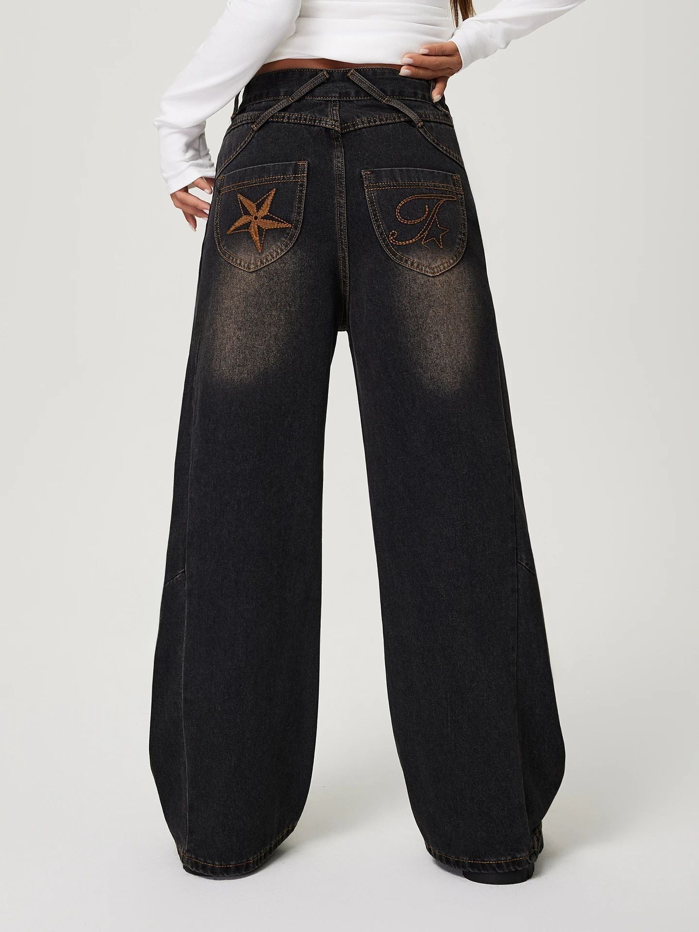 Women Embroidered Black Gray Jeans Autumn Winter Washed Distressed Lazy Loose Slimming High Waist Wide Leg Pants - ALZO