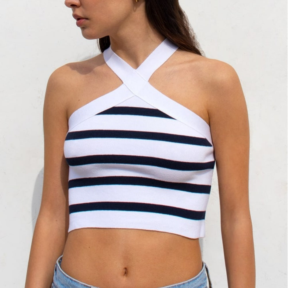 Summer Striped Cross-Halterneck Sexy Knitted Base Tube Top Outer Vest Women Clothing - ALZO