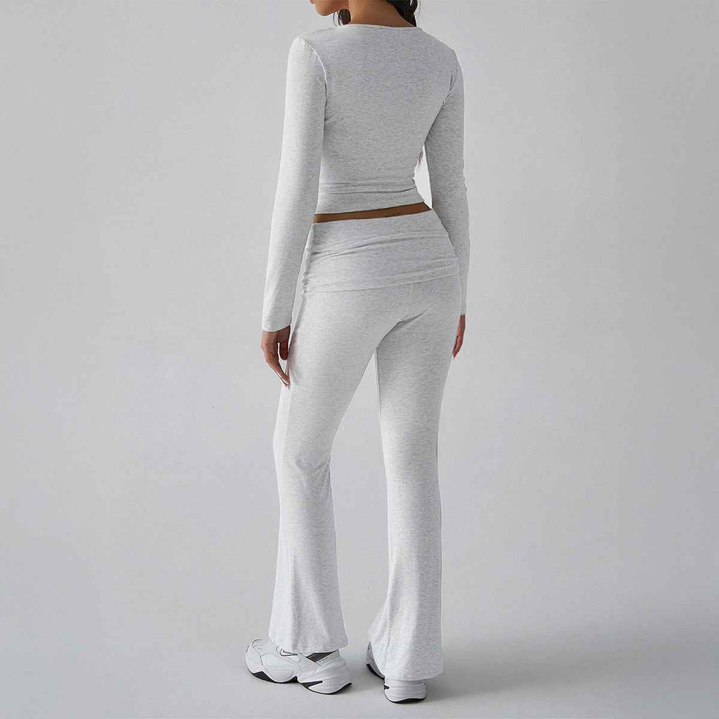 Autumn Winter Casual Slim U Neck Long Sleeved Top Bootcut Pants Women Suit