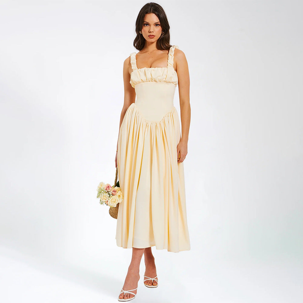 Spring Dress Sexy Square Collar Sling Stitched Backless Dress - ALZO