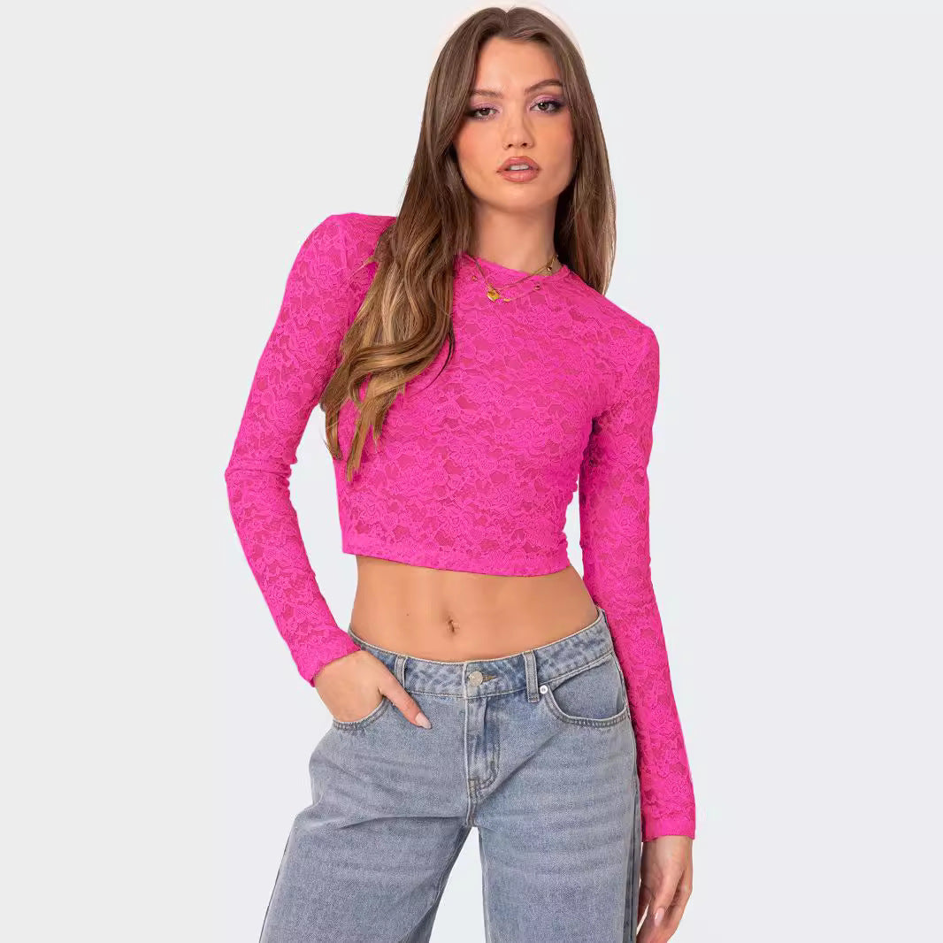 Private Clothes Sexy Lace Short Top Sexy Beautiful Slim Fit Long Sleeve T Shirt Women Summer - ALZO