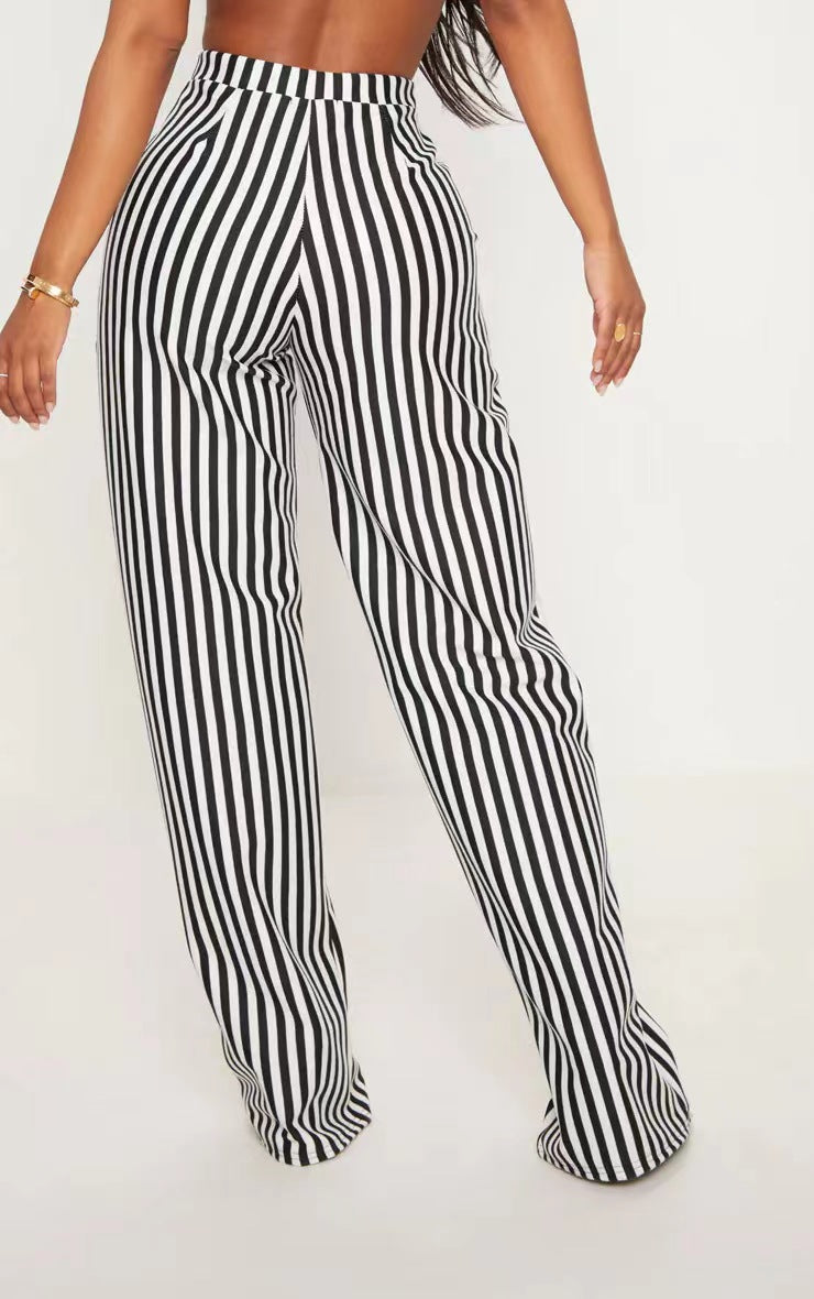 Women Clothing Black Striped Printed High Waist Straight Casual Wide Leg Pants - ALZO