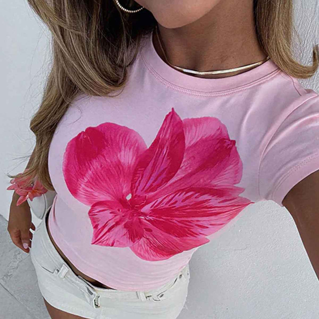 Spring Summer Top Women Casual Slim Fit Waist Floral Printed Short Sleeve T shirt