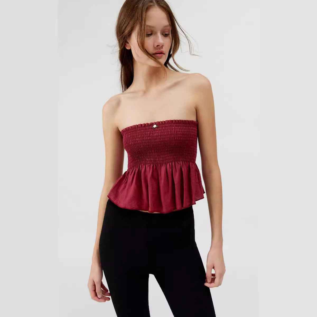 Fall Women Wear Top Solid Color Tube Top Pleated Sexy Vest