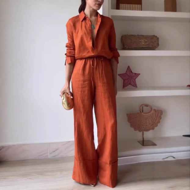 Solid Color Shirt Pocket Trousers Casual Lace up Two Piece Sets Women