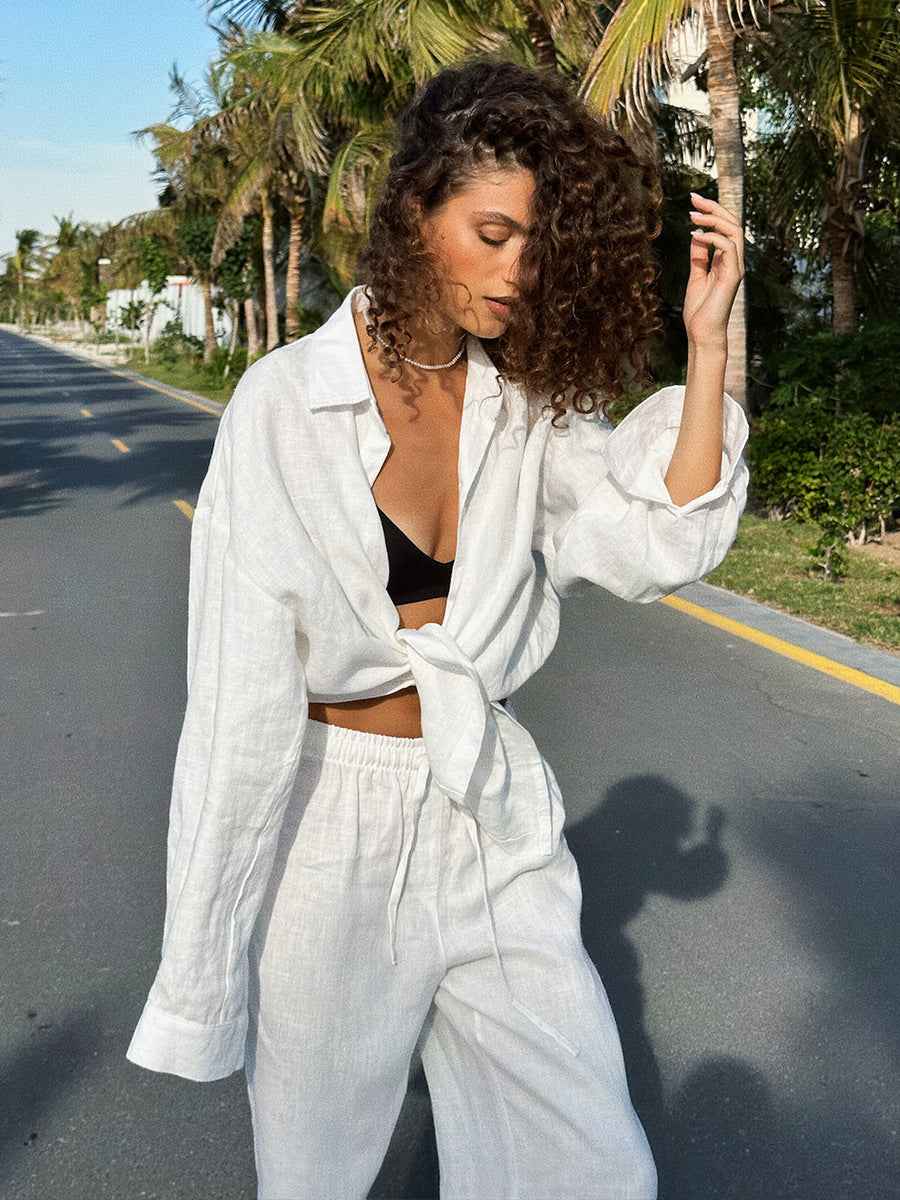 Cotton Shirt Trousers Spring Summer Loose Long Sleeve Shirt Casual Two Piece Sets Women