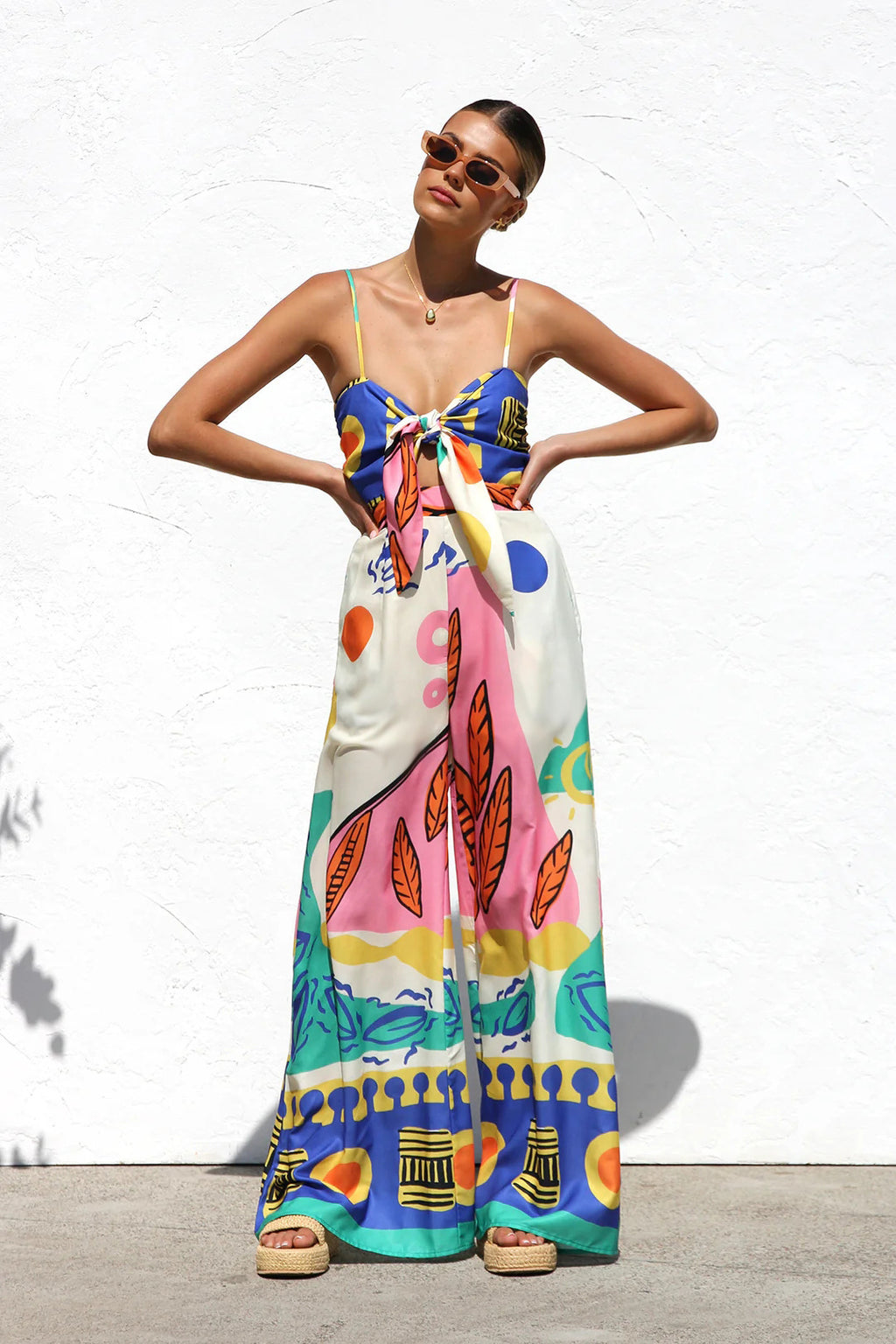 Spring Summer Printed Waist Controlled Smocking Strap Knotted Wide Leg Straight Jumpsuit - ALZO