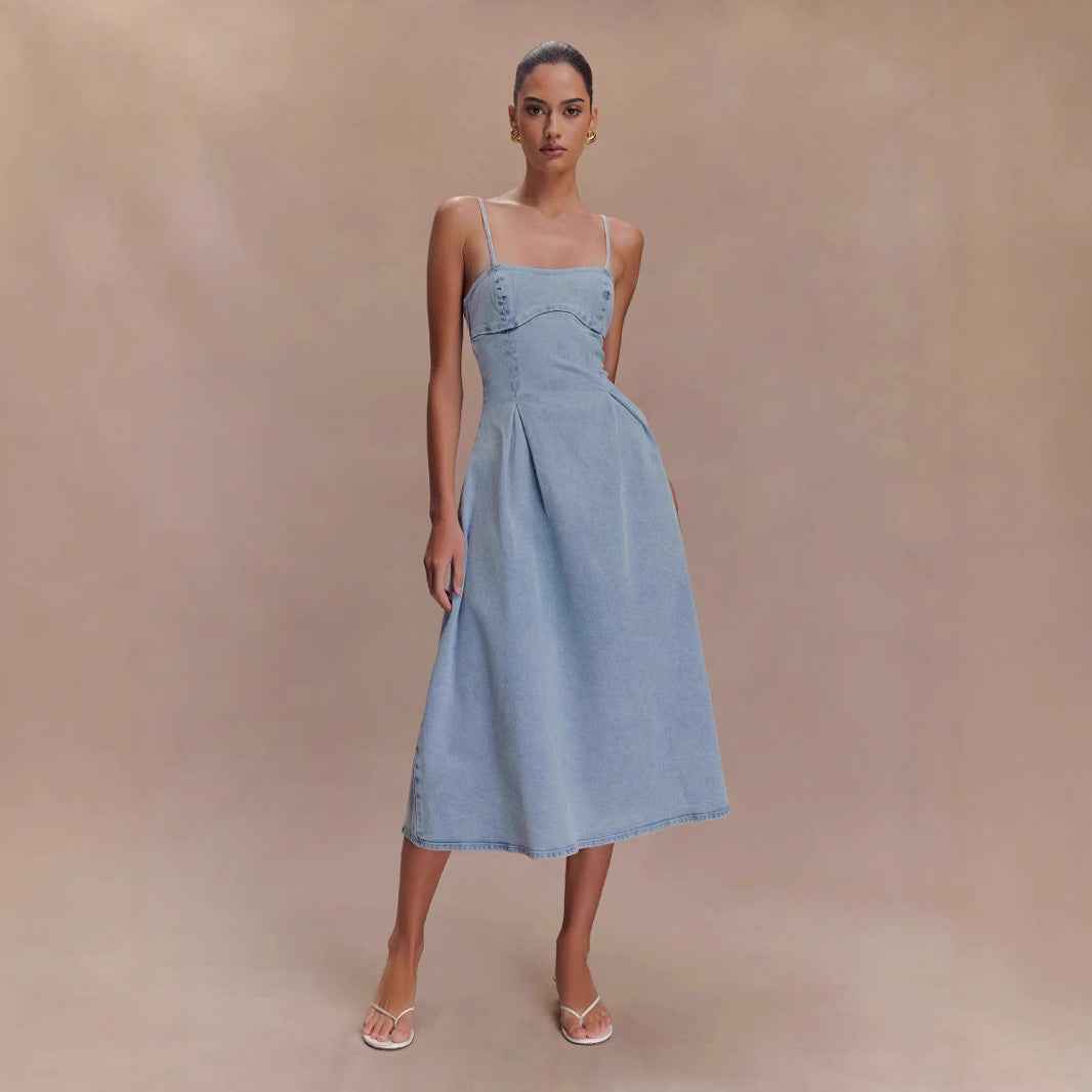 Sexy Women Wear Summer Tube Top Solid Color Sleeveless Denim Sling Dress