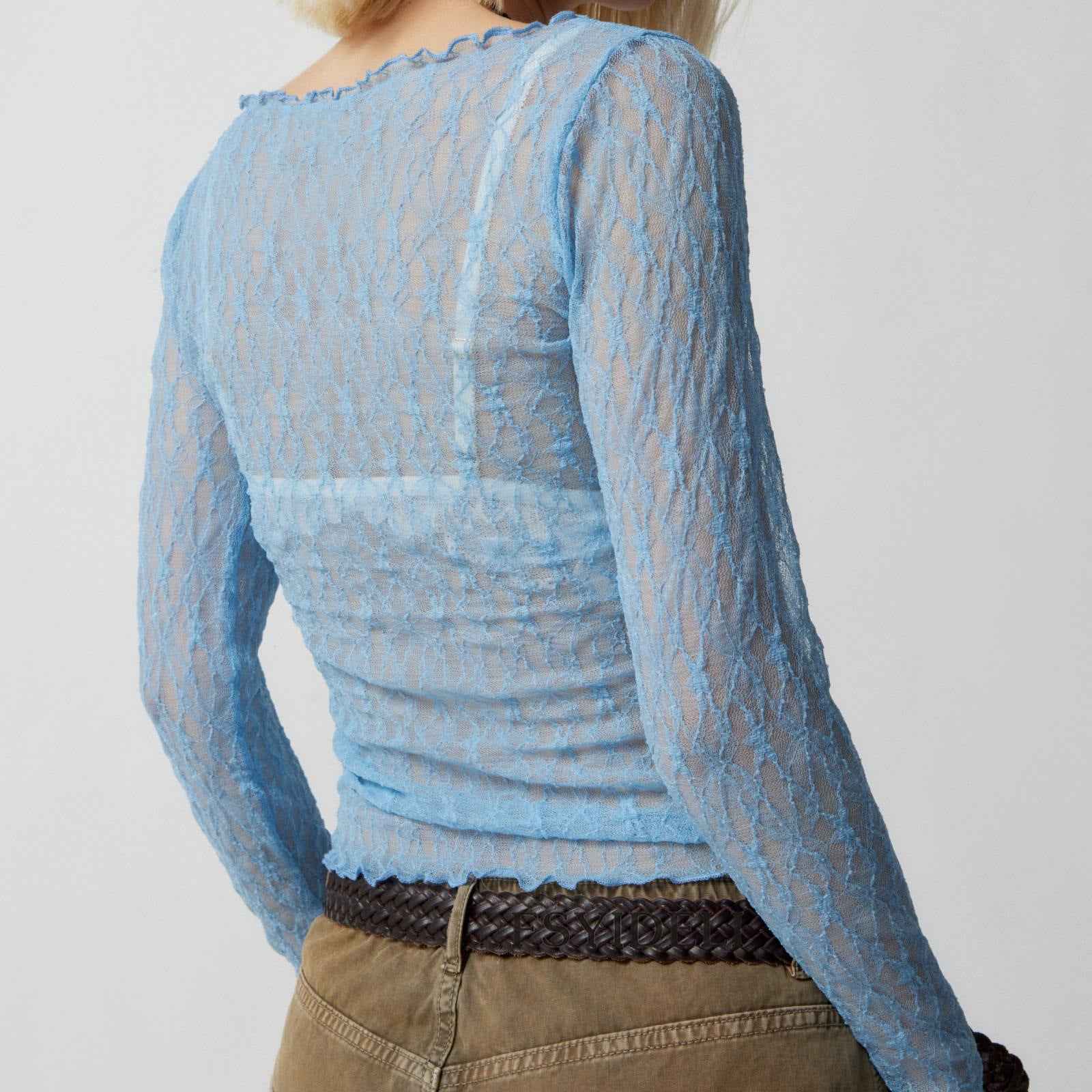 Sexy Transparent Lace Mesh T shirt Wave Edge Slightly Transparent Short Slim Outer Wear Top