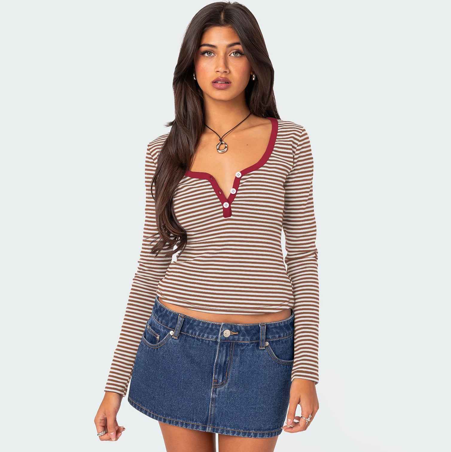 Contrast Color Striped Sweater Clothes Women Top Button Slim Fit Shoulder T shirt Pure Cotton