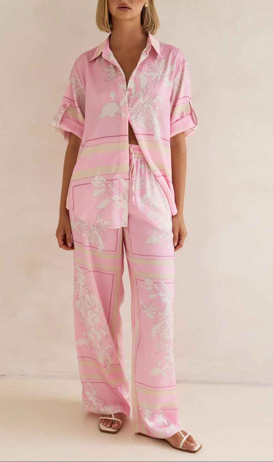 Summer Homewear Casual Printing Cardigan Shirt Trousers Set