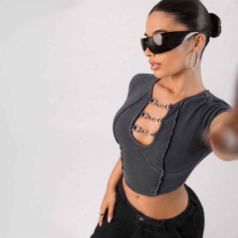 Women Clothing Personalized Trendy T shirt Spring Summer Outdoor Short Cropped Exposed Top