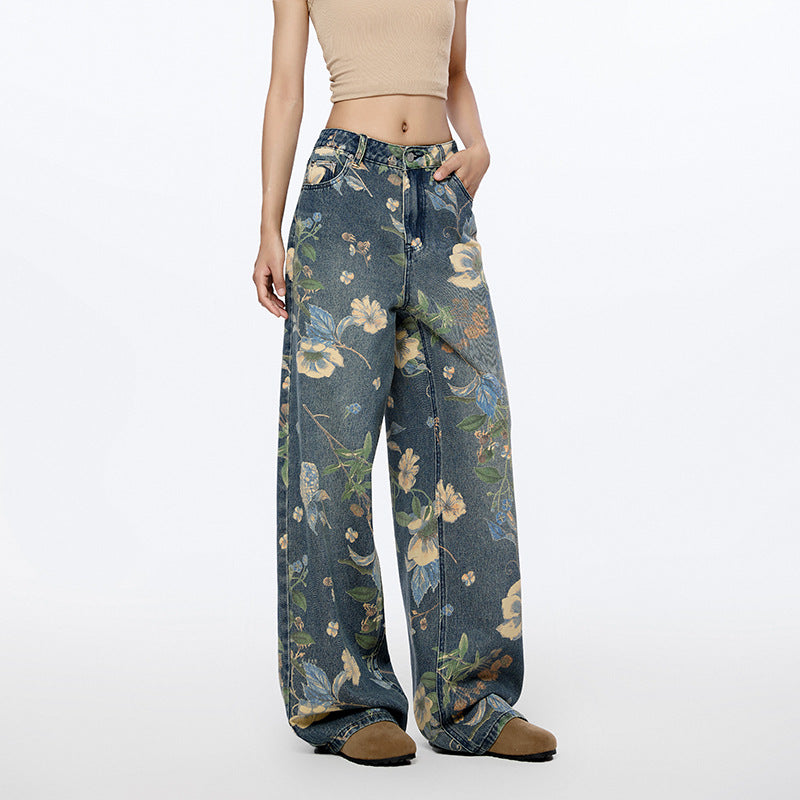 Women Same High Street Floral Wide Leg Jeans Printed Loose Fitting Nine One Mouth Two Leg Mop Pants - ALZO