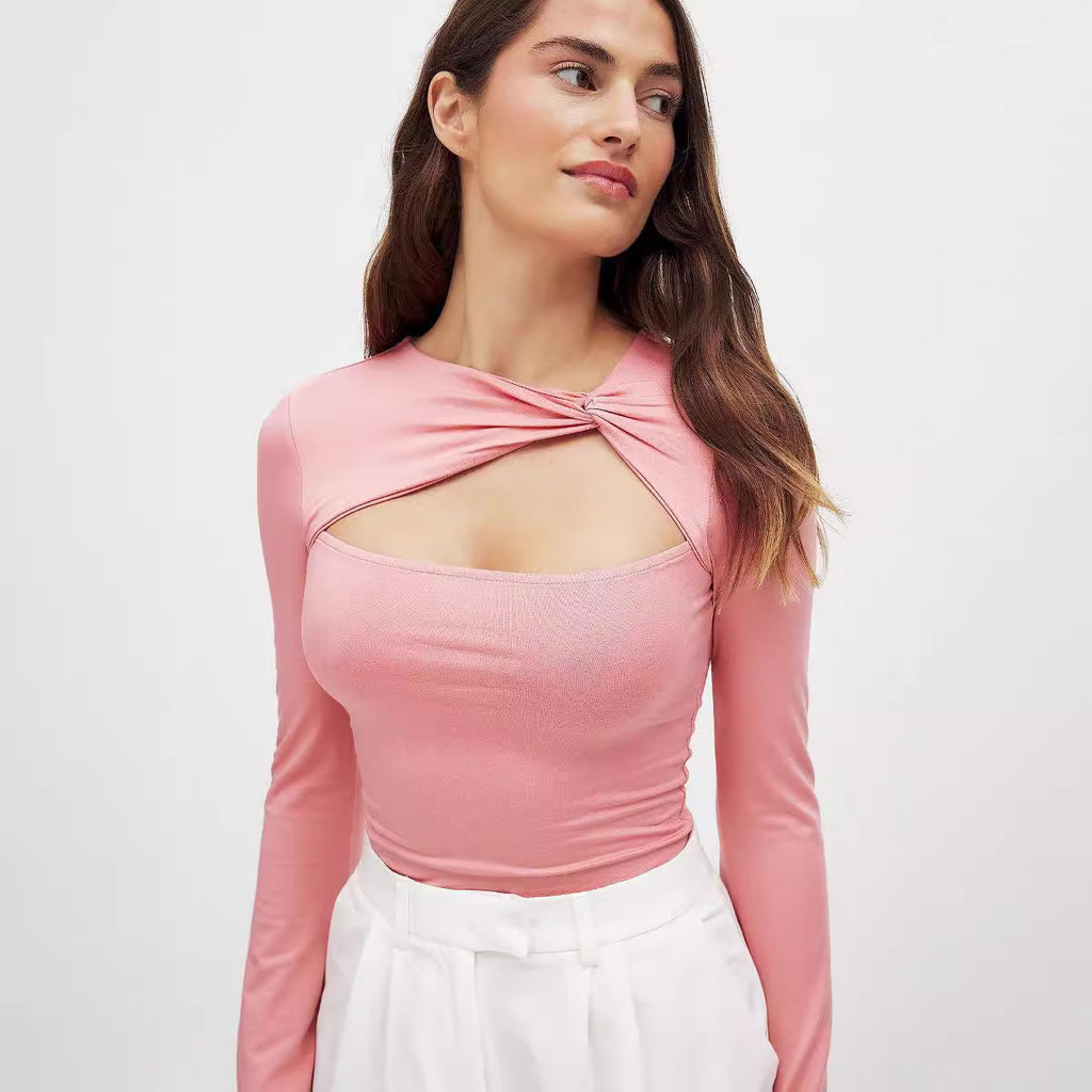 Trendy Double Layer Collar Autumn Winter Hollow Out Cutout Faux Two Piece Slim Fit Slimming Long Sleeves Top Women - ALZO