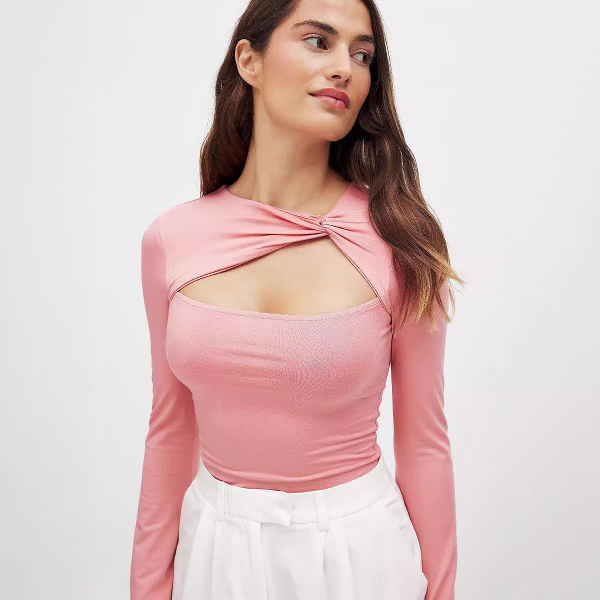 Trendy Double Layer Collar Autumn Winter Hollow Out Cutout Faux Two Piece Slim Fit Slimming Long Sleeves Top Women - ALZO