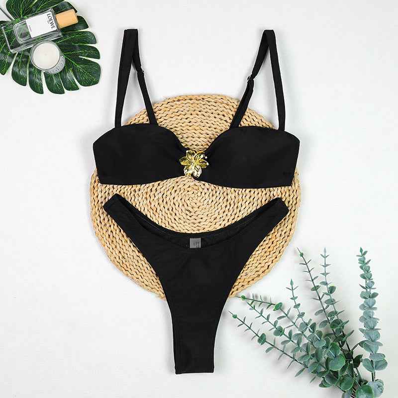 Black Swimsuit Bikini Three Piece Metal Ornament Split Half Skirt Swimsuit Women