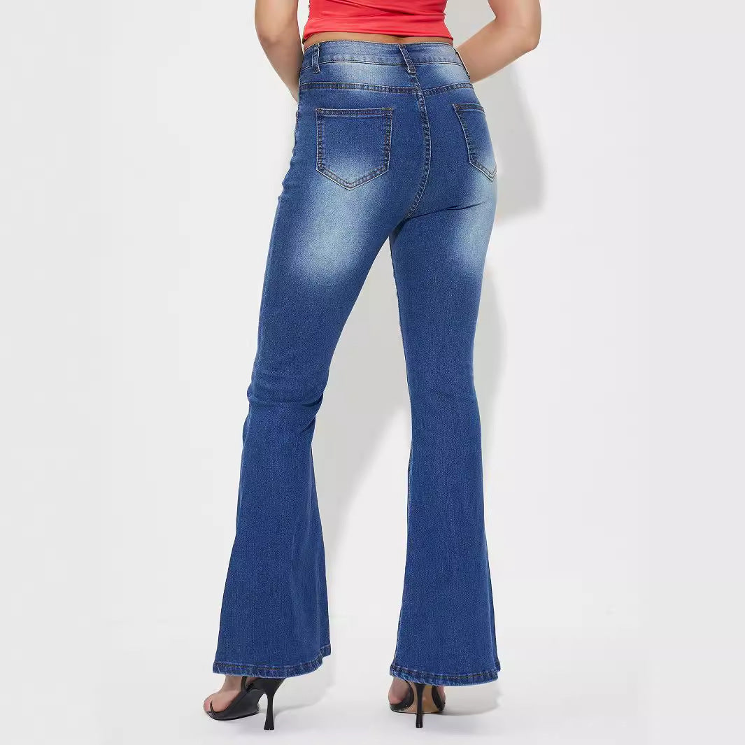 Women Clothing Casual All Match Horn High Elastic Denim Trousers - ALZO
