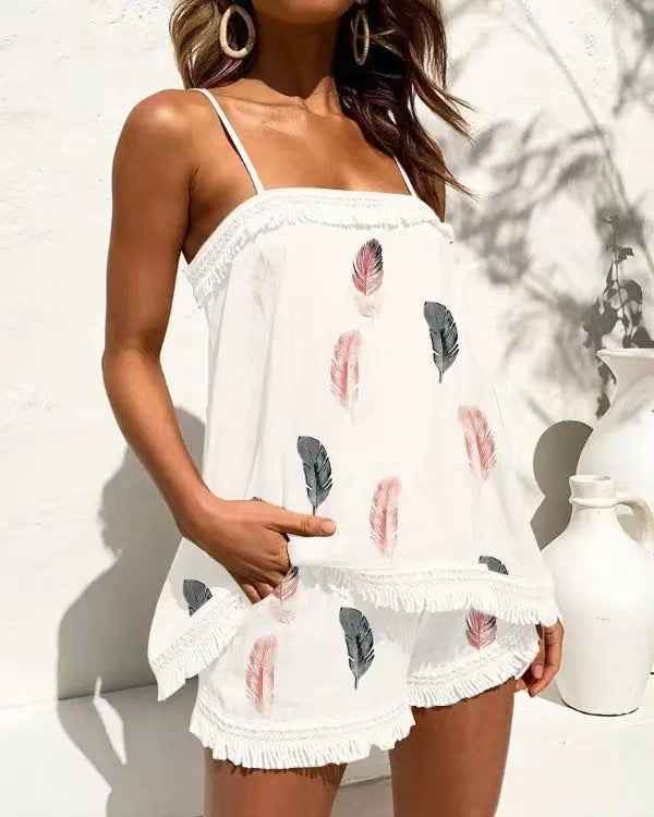 Summer Women Clothing Printed Sexy Sling Tassel Set
