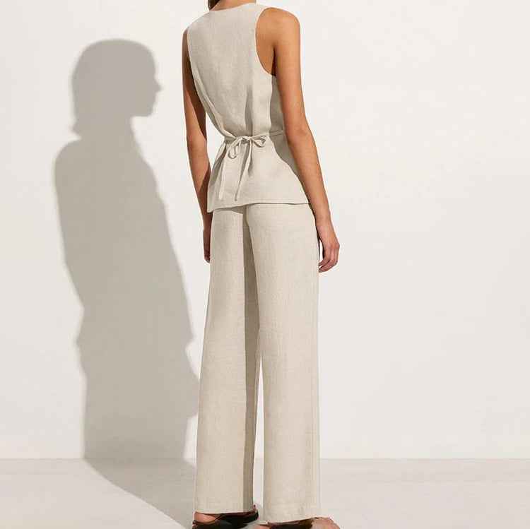 Cotton Linen Women Office Sleeveless Square Collar Lace up Vest Jacket High Waist Wide Leg Pants Two Piece Set